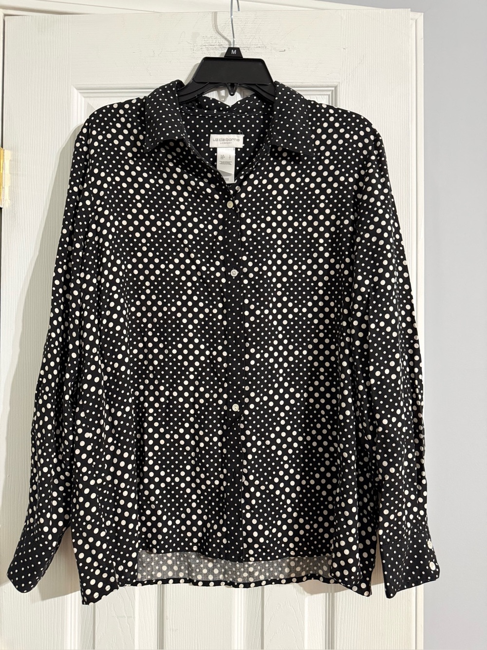 Courtenay Black and White Polka-Dot Short Sleeve Button-Up Top